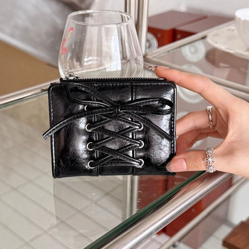 Portefeuille ultra fin à lacets pour femmes, porte-cartes multi-fentes, porte-monnaie à fermeture éclair, porte-cartes portable mignon et petit