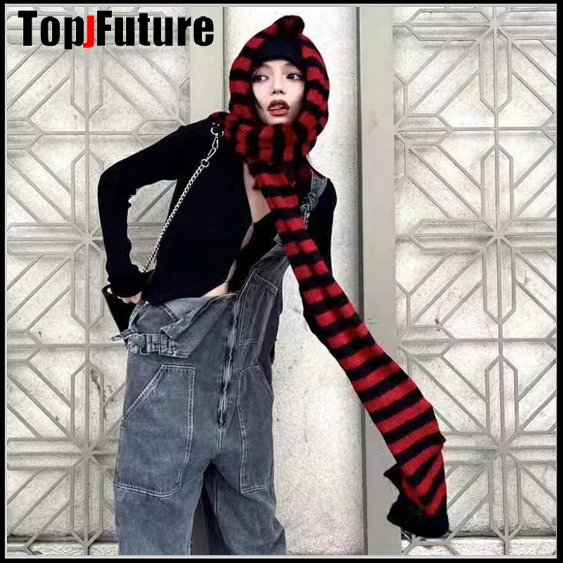 Harajuku Punk Fashion Grey Red Black Striped Scarf Women Girl Winter Warm Knitted Scarves Streetwear