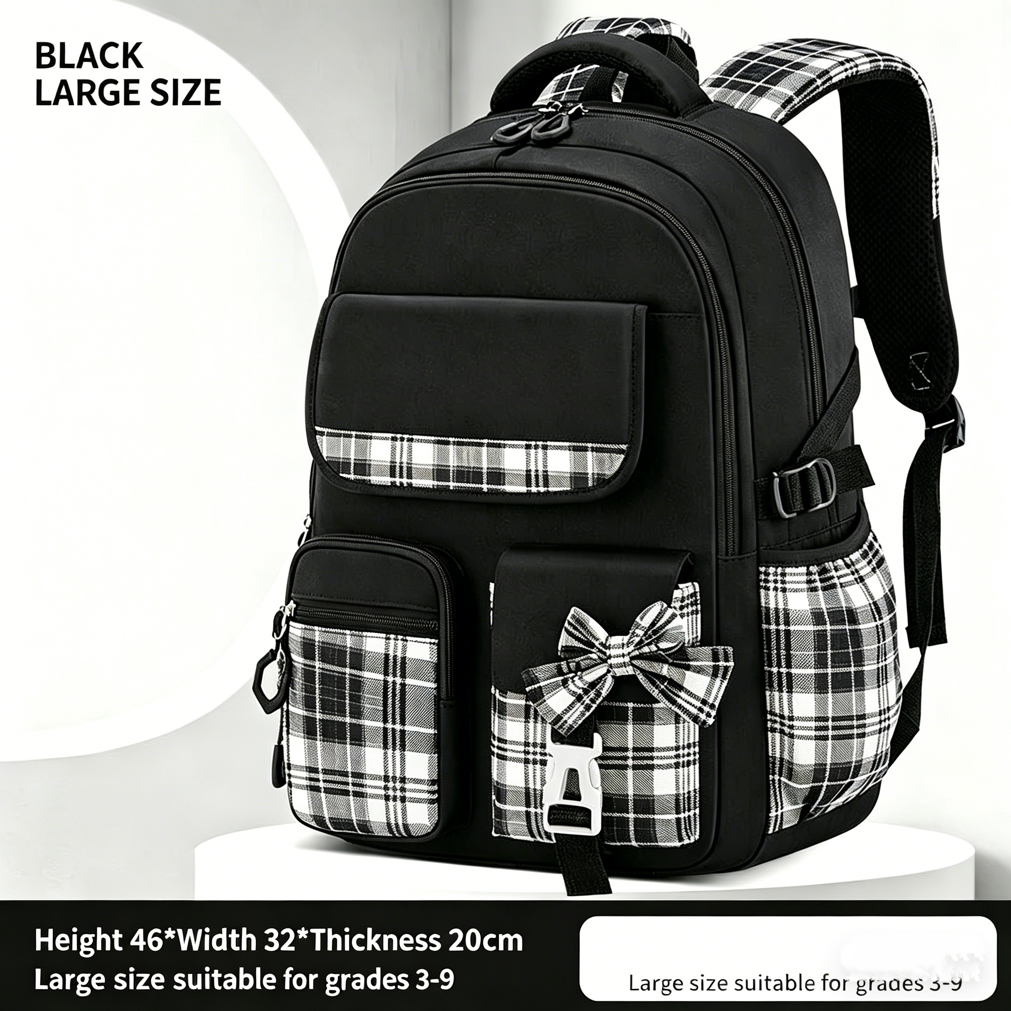 Mochila xadrez para estudantes do ensino fundamental, ergonômica, protegendo a coluna, grande capacidade, leve, à prova d'água