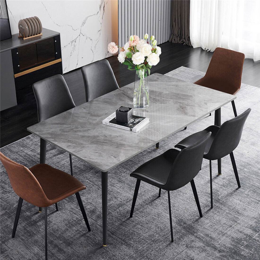 Mesa de comedor de mármol rectangular de alto brillo, 4-6 asientos, para cocina, isla, restaurante, almuerzo, mesa de cena, marco de Metal