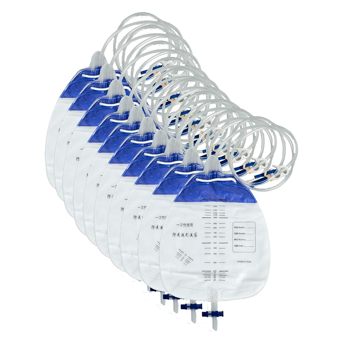 Urineafvoerzakken met 48 inch buisafvoer, clips en ophanghaak, urinezakken met antirefluxkamer, 1500 ml, 10 stuks