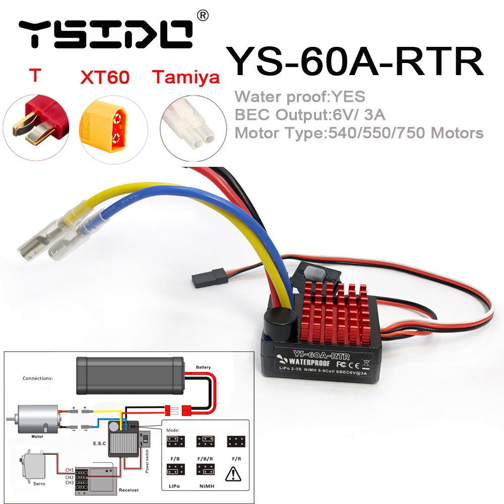 YSIDO YS-60A-RTR 60A Brushed ESC pengontrol kecepatan, 6V/3A BEC untuk 1/10 mobil RC Traxxas TRX4 TRX6 D90 Redcat truk Crawler