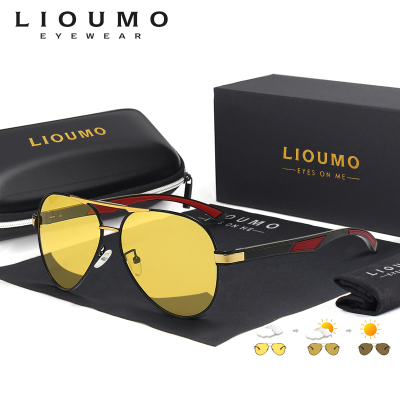 LIOUMO Óculos de sol fotocromáticos de luxo com lentes amarelas para visão noturna, óculos de sol camaleão para homens, óculos de sol anti-reflexo