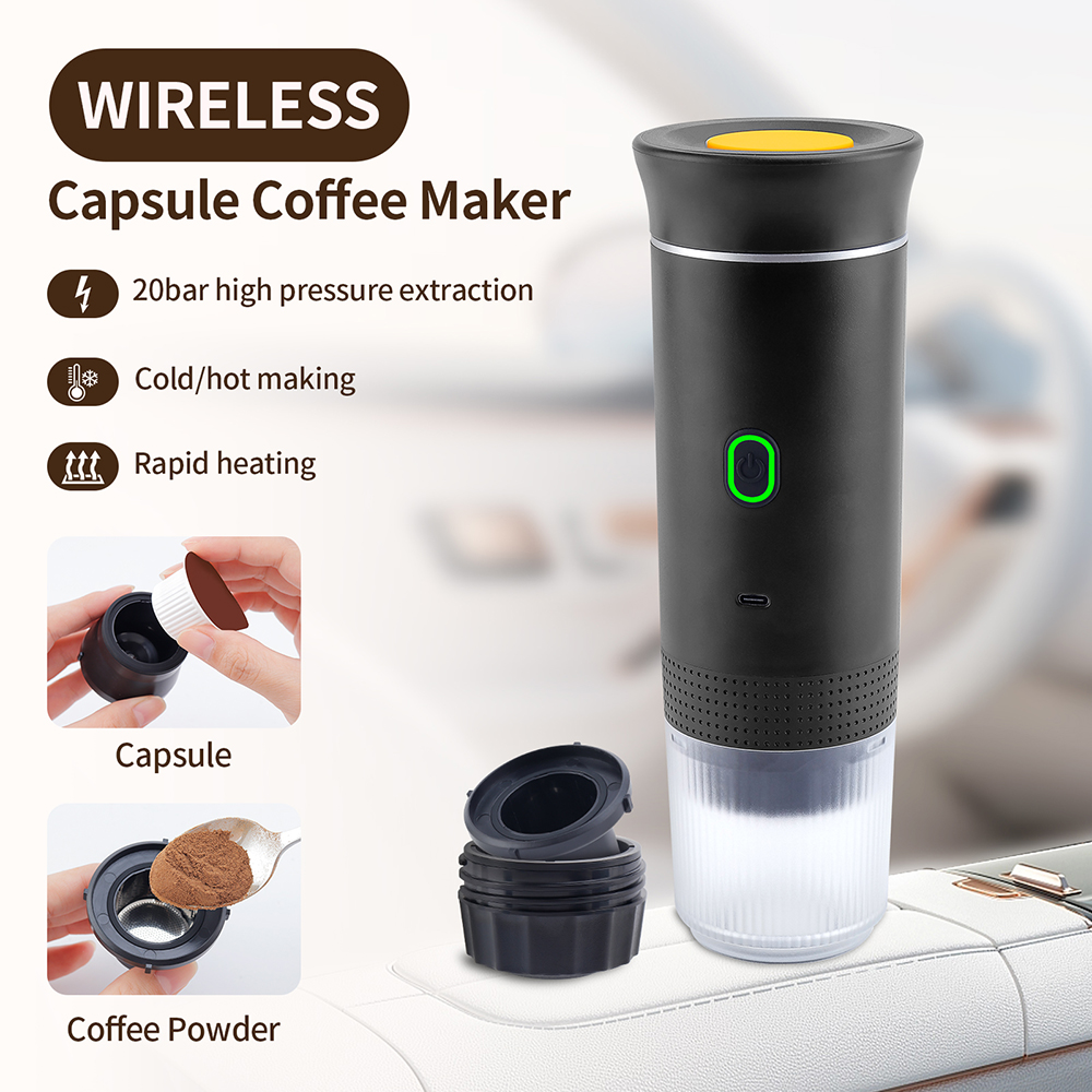 Drahtlose elektrische tragbare Espressomaschine für Auto und Zuhause, Camping, Kaffeemaschine, 3-in-1-Kapselpulver-Reise-Kaffeemaschine