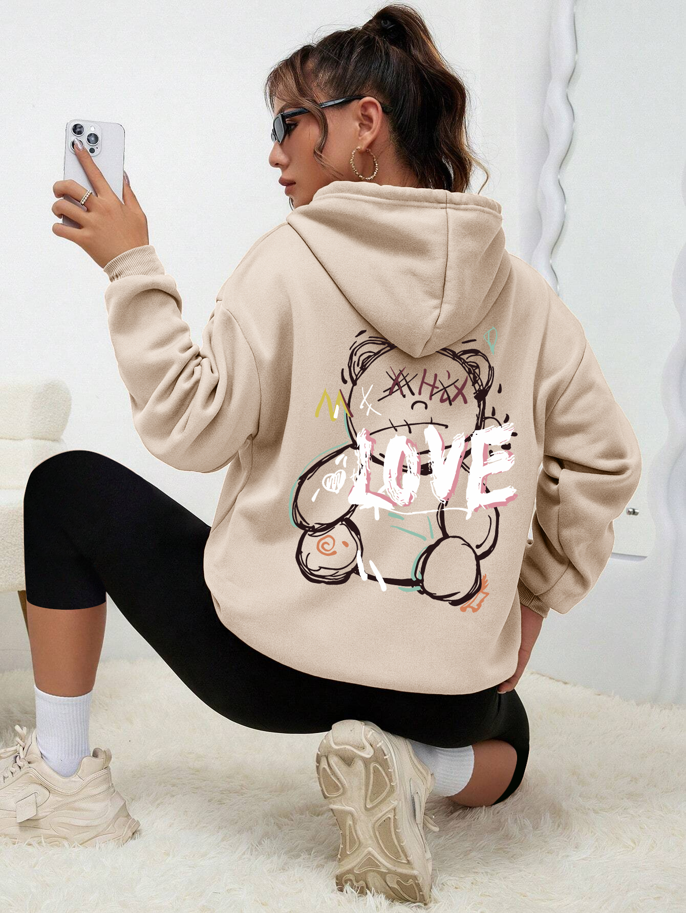 Graffiti Line Bear estampado Simple mujer Sudadera con capucha Harajuku S-Xxl sudadera moda Casual calle con capucha otoño ropa informal cálida mujer