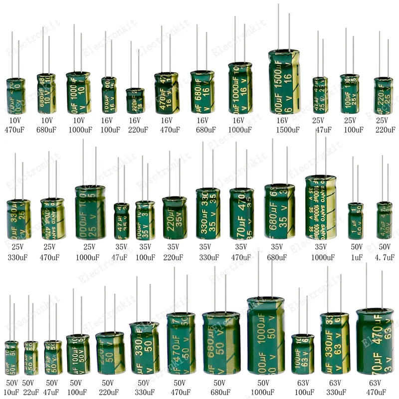 ชุดตัวเก็บประจุชนิดอลูมิเนียมอิเล็กโตรไลต์สีเขียวค่า36ค่า10V 25V 35V 50V 63V 1UF-1500uF ความถี่สูงต่ำ ESR 810ชิ้น