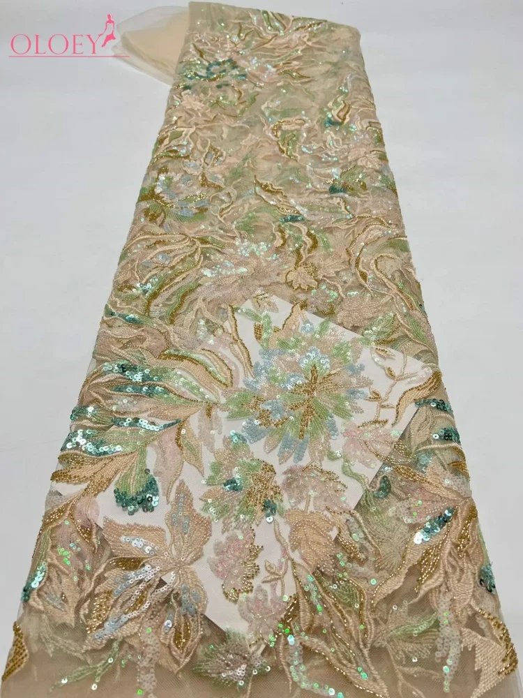 OLOEY Nova Moda Africana: Tecido de Tule Bordado com Flores e Miçangas, Renda de Rede de Alta Qualidade com Lantejoulas Luxuosas para Festas Noturnas