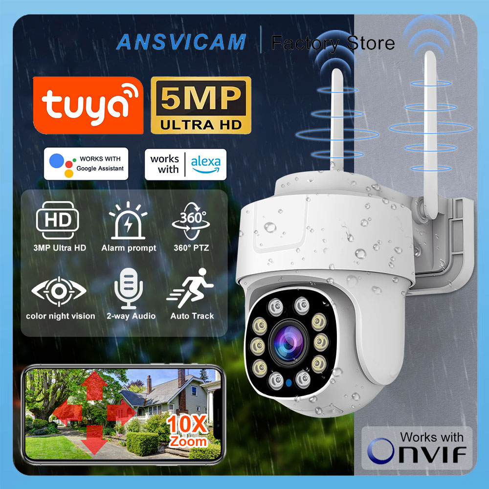 ANSVICAM Cámara WiFi Tuya para exteriores, 5MP, 10X, Zoom PTZ, cámara de vigilancia, protección de seguridad, CCTV, seguimiento automático, Alexa, Google, Onvif