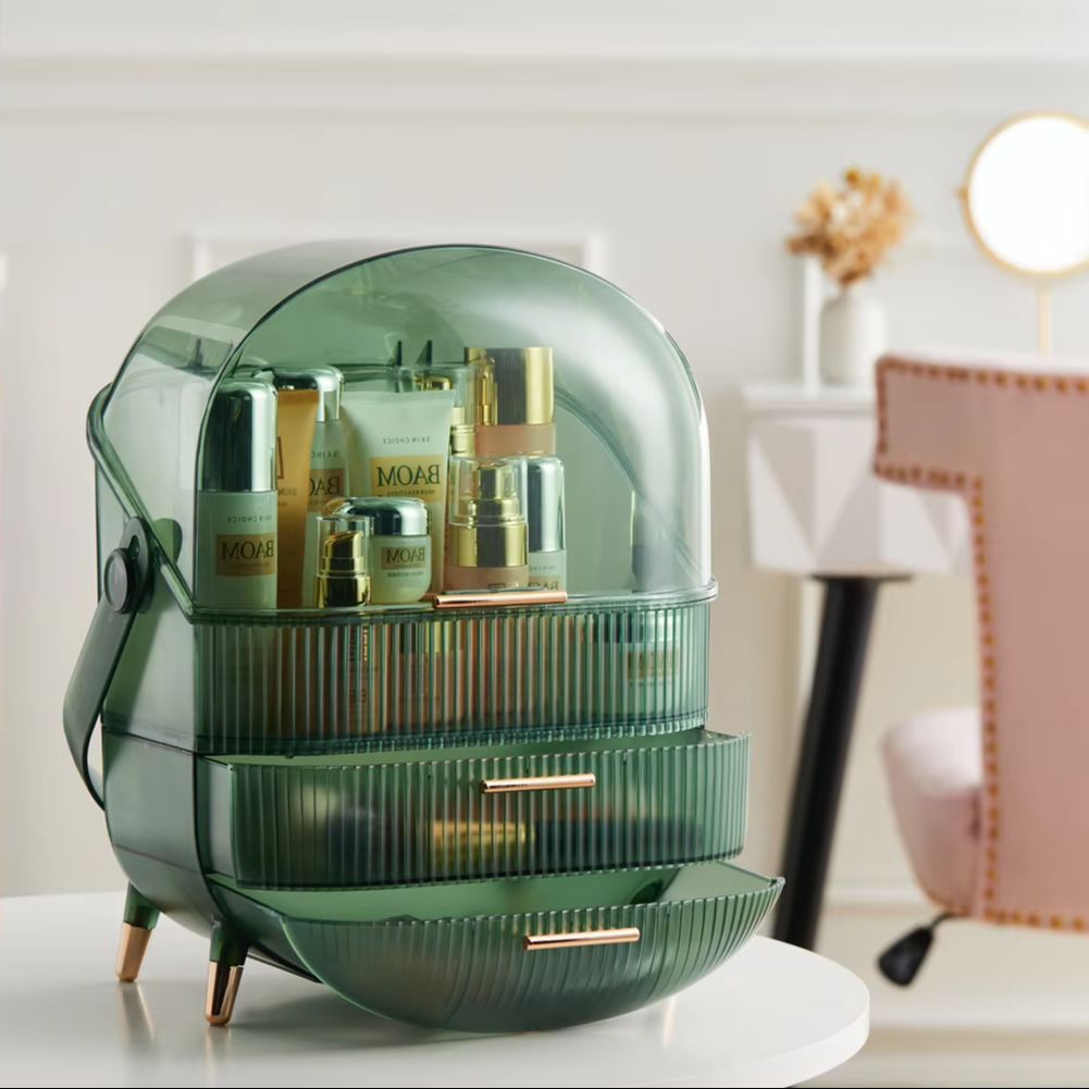 Organizer per trucco verde trasparente con Flip-Top 2 cassetti, Storage cosmetico di grande capacità autoportante