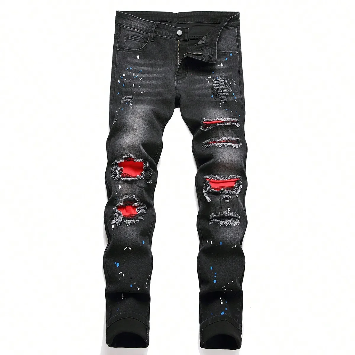 メンズy2kストレッチスリムデニムジーンズ、プルドパンツ、パッチワーク、ホール、スリムフィット、ヒップホップ、ブラックストレートパンツ、カジュアルパンツ