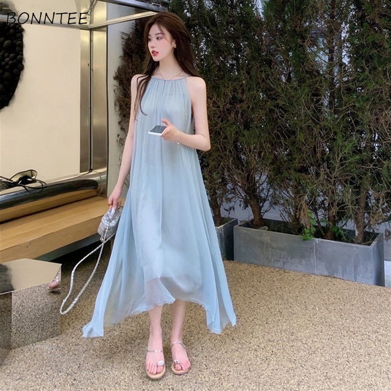 Vestidos de princesa con cuello Halter para mujer, moda coreana Irregular pura, ajuste suelto, acogedor, sin mangas, vacaciones, ocio, Verano