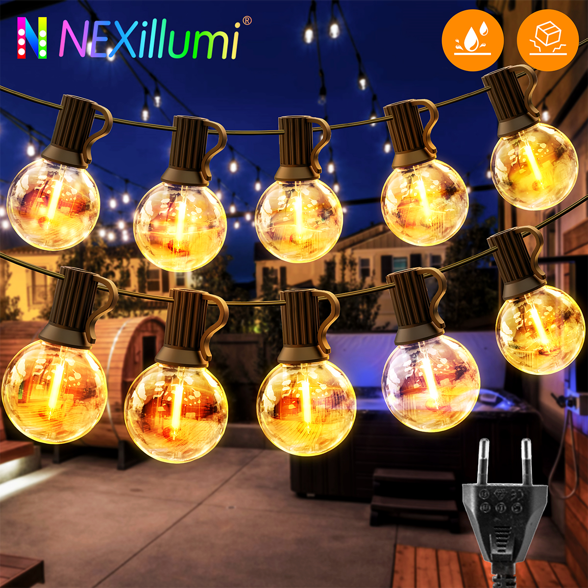 Guirnalda de luces LED tipo globo G40, enchufe europeo para exteriores, bombillas de plástico IP65, guirnalda de balcón, lámparas de hadas para decoración de fiesta de Navidad y boda