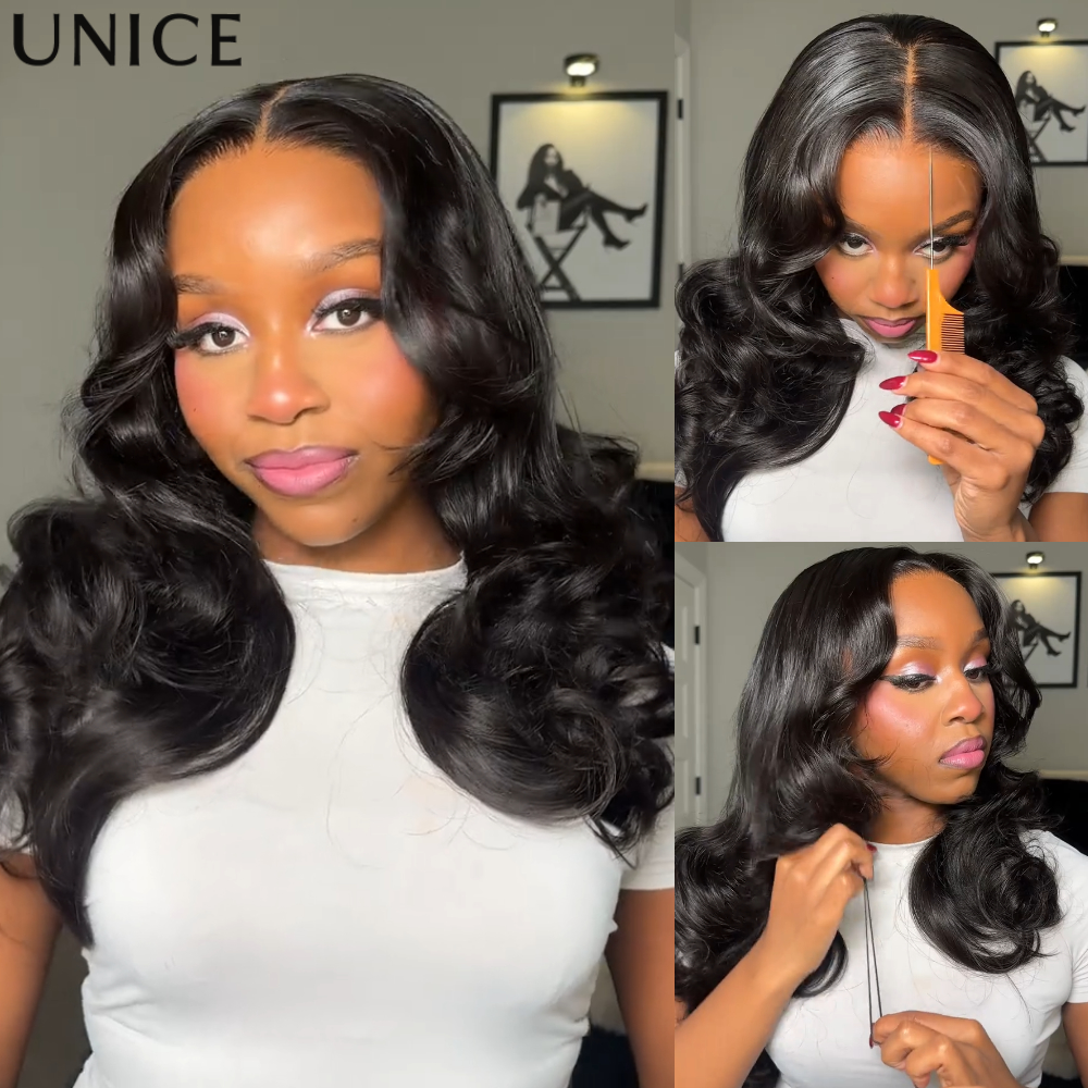 Peruca UNice 100% Cabelo Humano com Corte Borboleta e Ondas Corporais, 180% de Densidade, Sem Nós ™   Peruca sem cola 7x5 Lace