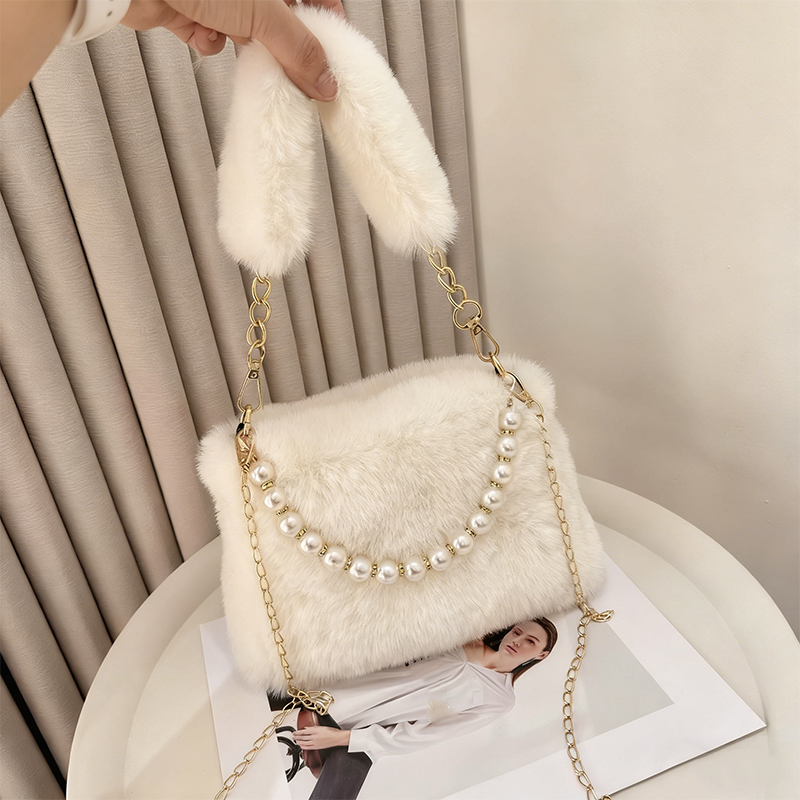 Sac à main en fourrure de lapin et perles pour femmes, sac à bandoulière à la mode, Design de chaîne, petit sac à bandoulière polyvalent d'hiver