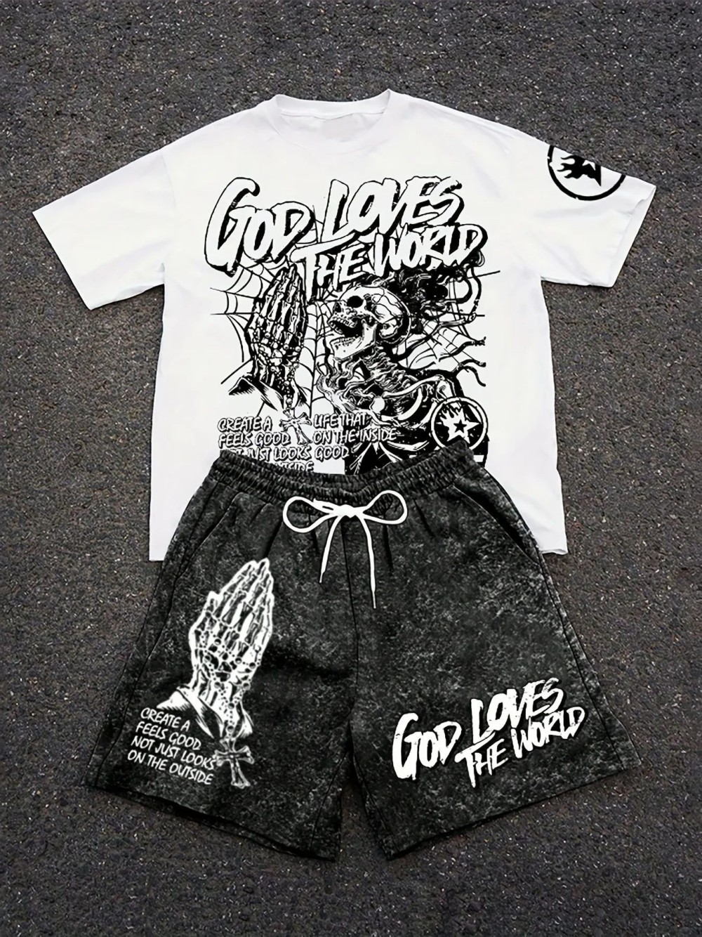 Herren-Sommer-Set mit Totenkopf-Buchstaben-Print, bequemes und atmungsaktives Rundhals-T-Shirt und Shorts mit Kordelzug, Outdoor-Streetwear