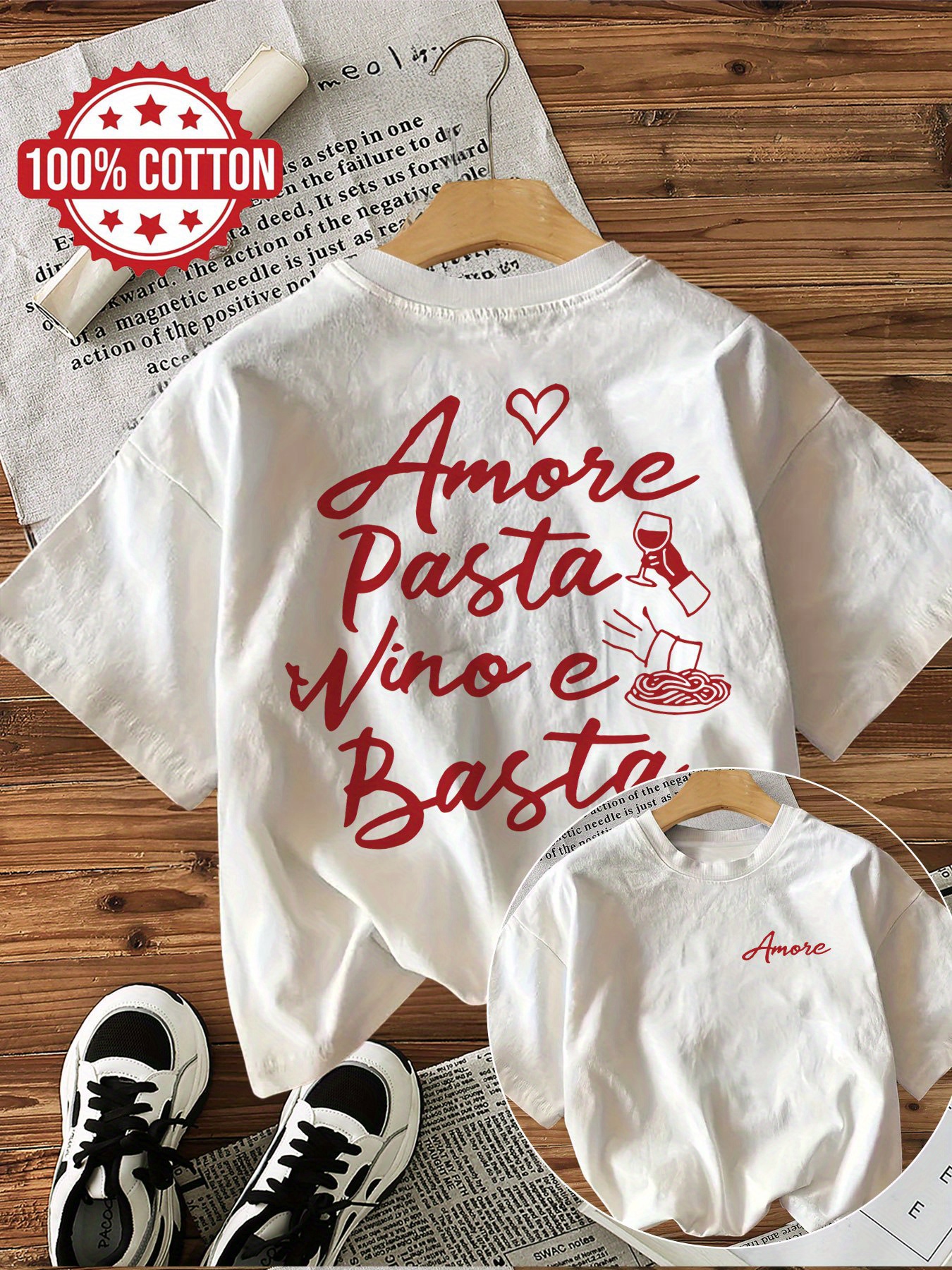 Kaos Kasual Wanita 100% Katun dengan Cetakan Makanan Italia "Amore Pasta Vino E Basta" Lengan Pendek Leher Bulat