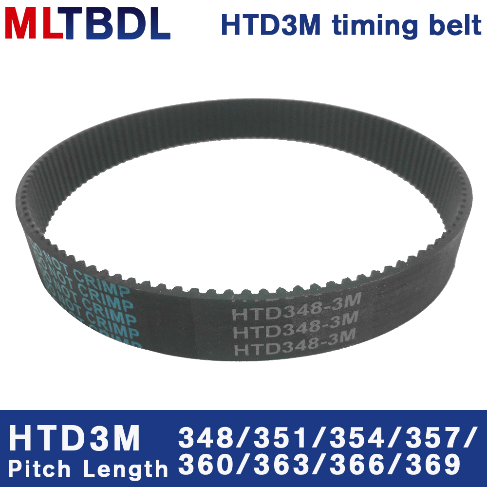 Correa de distribución HTD 3M 348/351/354/357/360/363/366/369mm 6/9/10/15mm de ancho correa dentada de goma paso de correa síncrona de bucle cerrado 3mm