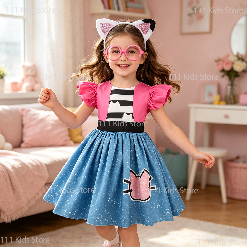 Vestido de Princesa Listrado com Manga Borboleta para Meninas, Vestidos de Verão, Fantasia de Cosplay, Trajes de Carnaval, Presente de Aniversário para Crianças