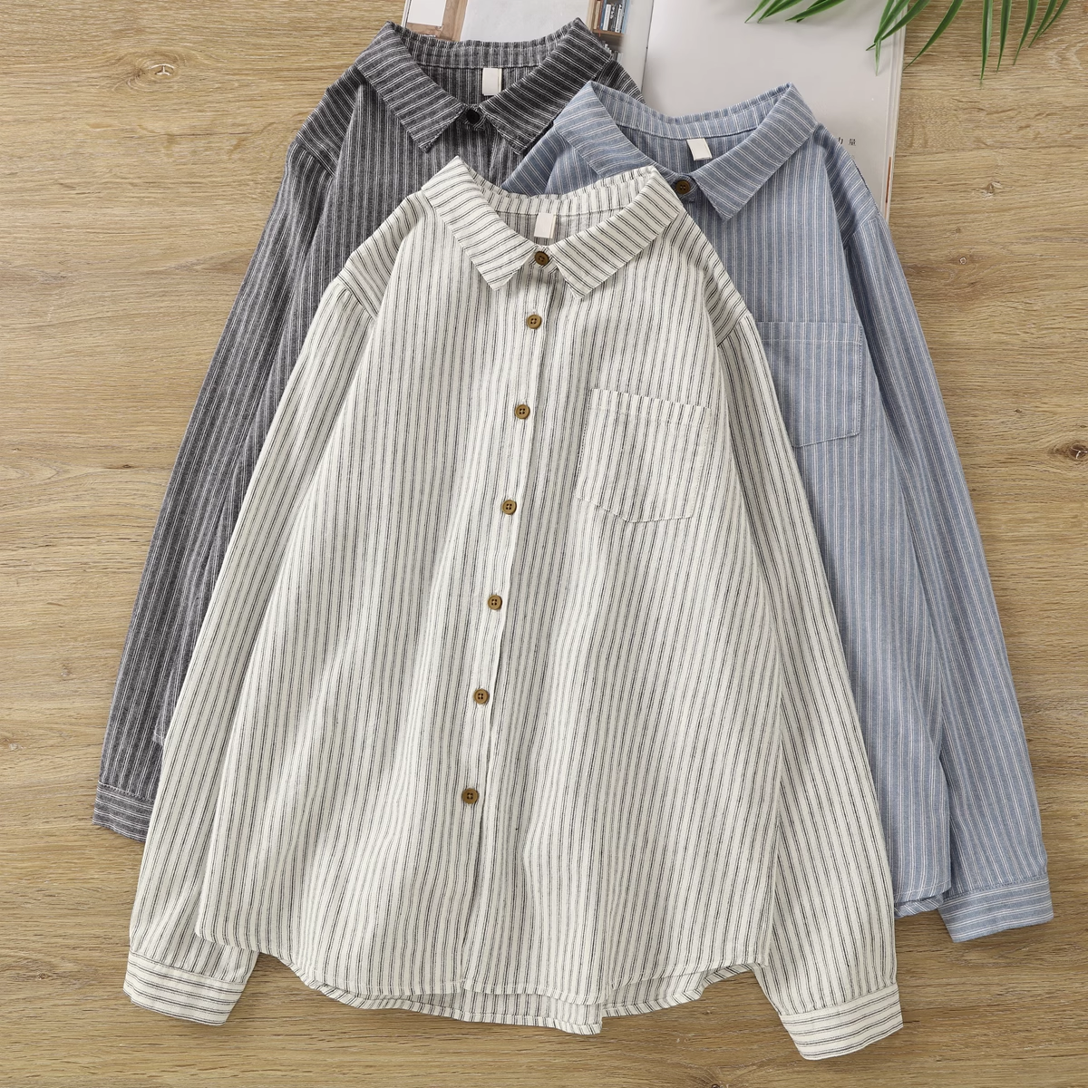 Camisas a rayas de hilo de algodón 100% para mujer, blusas informales de manga larga a rayas con solapa de estilo japonés, ropa de oficina para mujer para trabajar
