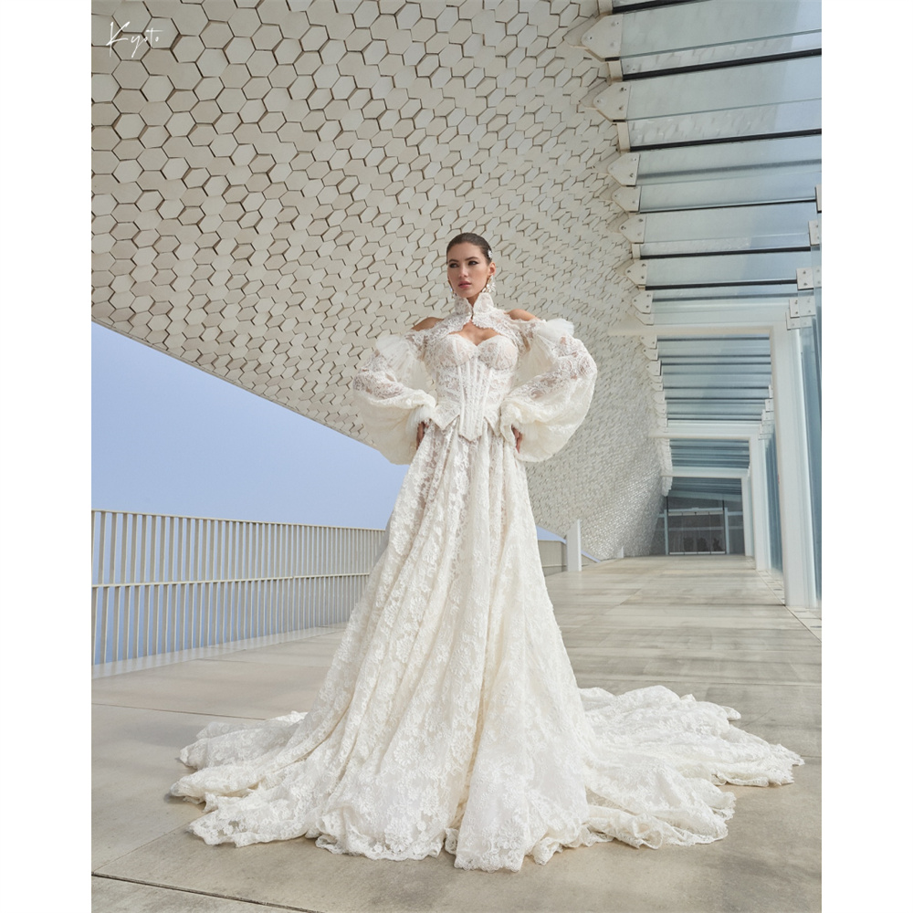 Kyoto personalizado encaje bordado de dos piezas A-line vestido de novia desmontable mangas largas vestidos de novia lujoso Formal 2025
