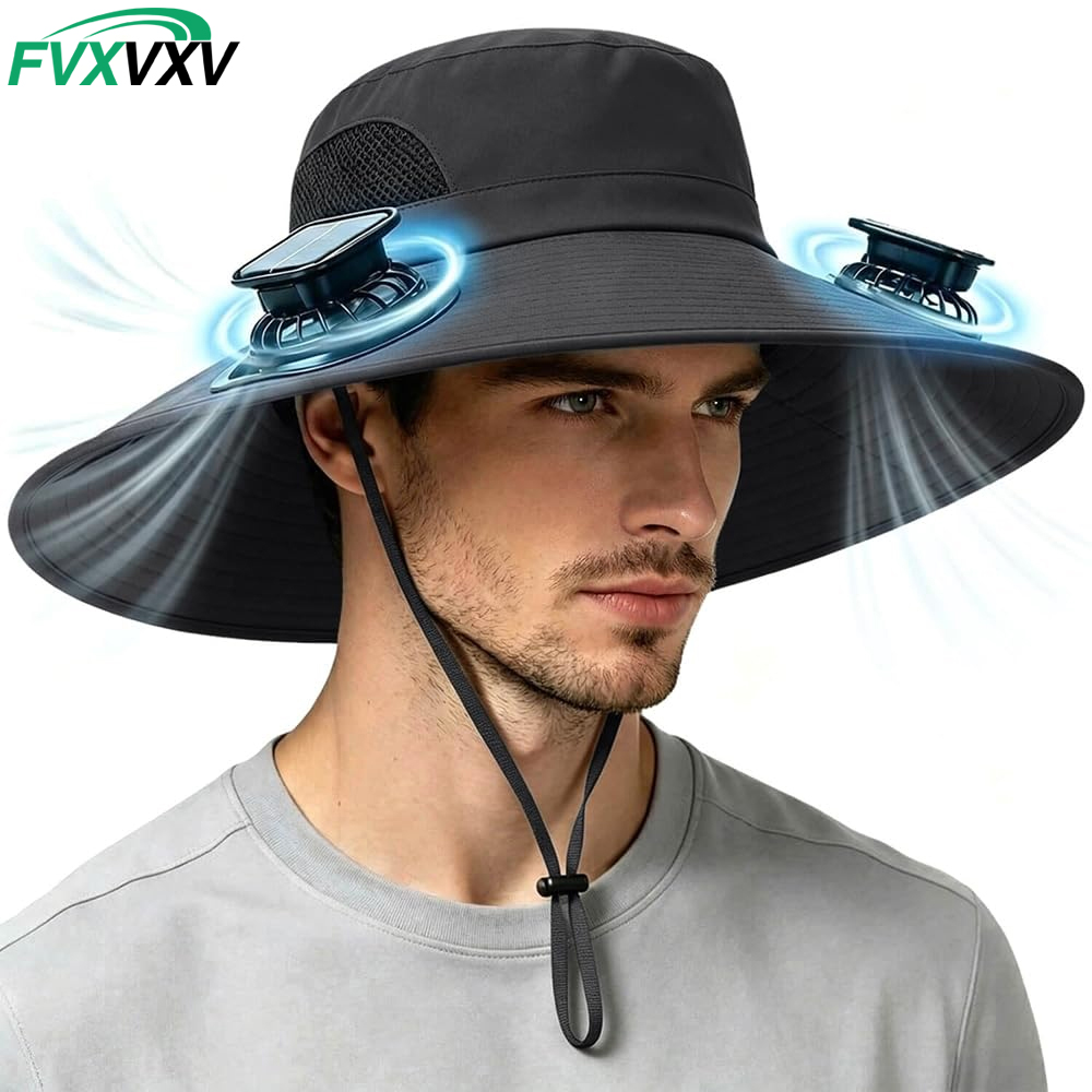 1 pièce Chapeau de soleil d'extérieur à large bord avec 2 ventilateurs solaires intégrés, type bob, pour hommes et femmes, UPF 50+, idéal pour la pêche et la plage