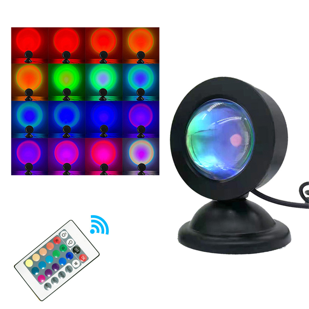 Lámpara de puesta de sol USB, proyector LED de luz nocturna, proyector de 16 colores, atmósfera de arcoíris, decoración de pared de fondo para dormitorio y hogar