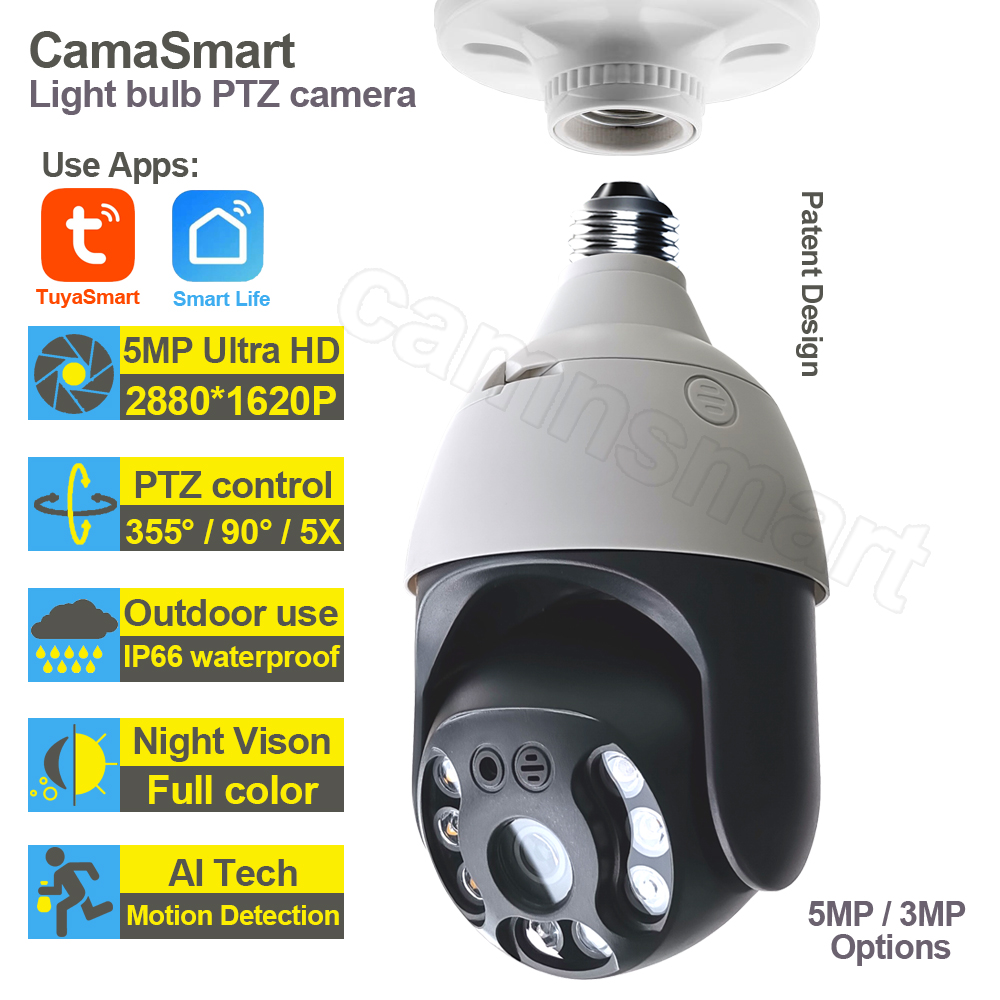 5MP Tuya E27 Birne Kamera Outdoor Externe Wifi IP PTZ Smart Leben 256G Nachtsicht Home Security Schutz video Überwachung