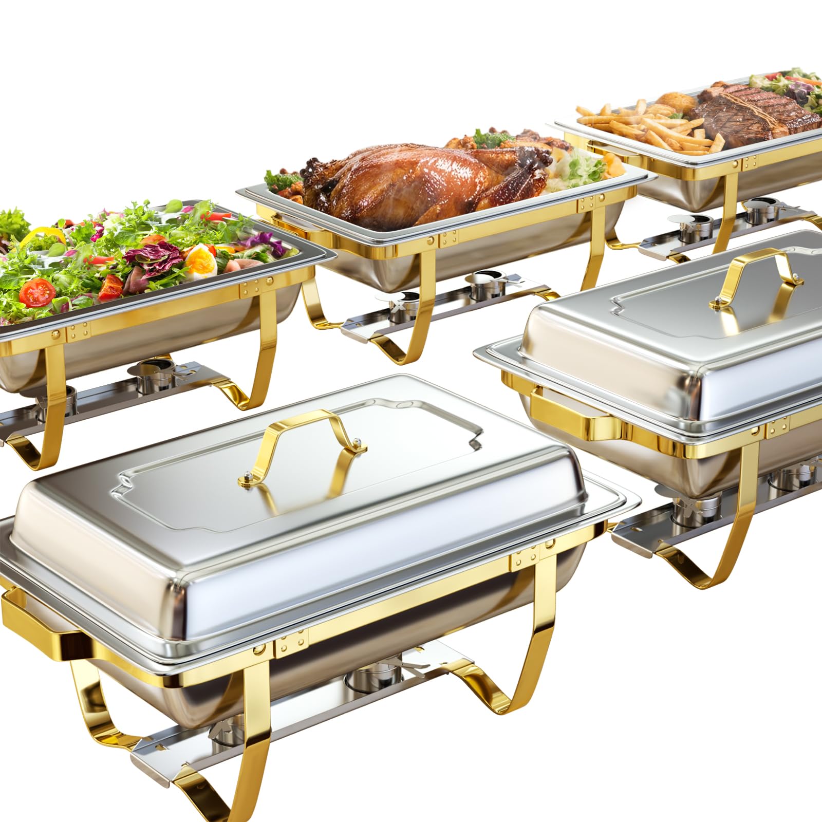 Recipientes para Buffet de 9QT, Elegantes en Color Dorado y Plateado, Juego de Recipientes para Buffet de Acero Inoxidable, Resistentes y de Alta Calidad, Juegos de Recipientes y Calentadores para Buffet para Cualquier Fiesta con Juego Completo