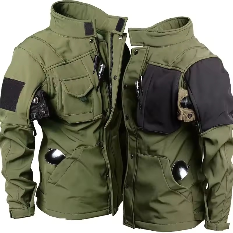 Jaqueta tática de tubarão masculina, forro de lã, à prova d'água, quente, casaco de combate ao ar livre com vários bolsos, corta-vento