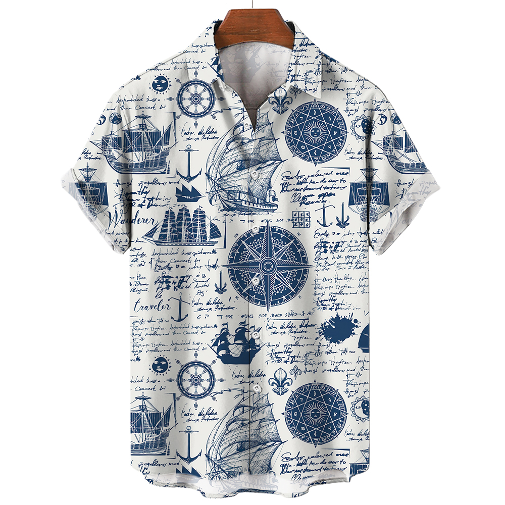 Camisa vintage estampada 3D mundial de vela masculina, estilo casual praia havaiana, moda extragrande, verão, 2024