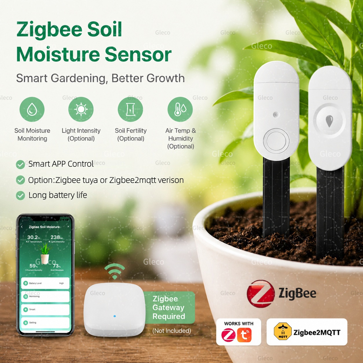 เซ็นเซอร์วัดความชื้นในดิน Zigbee เครื่องวัดอุณหภูมิ ความชื้น แสง และความอุดมสมบูรณ์ของดิน สำหรับสวนและบ้านอัตโนมัติ รองรับ TUYA และ Zigbee2MQTT (อุปกรณ์เสริม)
