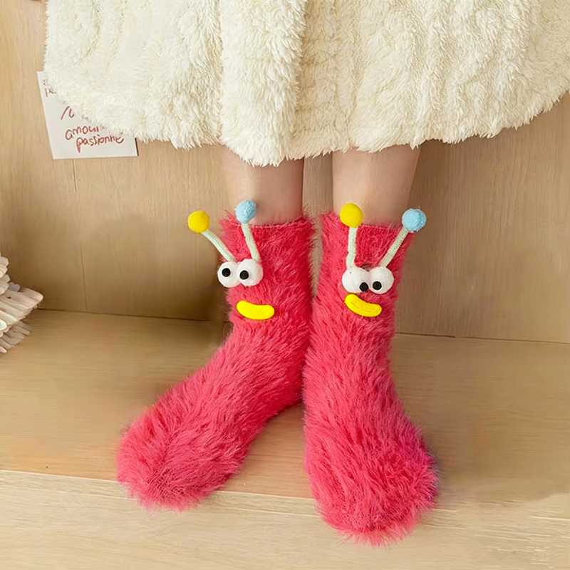 Calcetines de suelo de lana divertidos y feos con ojos grandes, calcetines de felpa cálidos y gruesos de terciopelo Coral, calcetines para el hogar para otoño e invierno