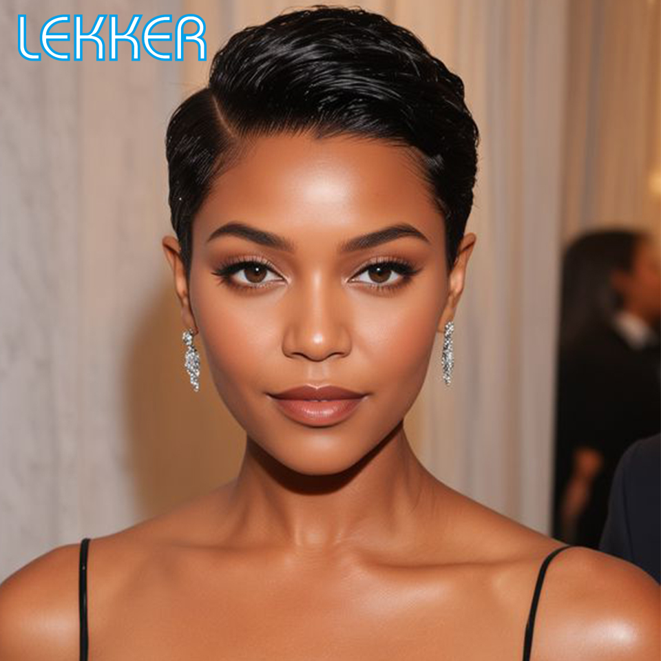 Парик Lekker Black Short Pixie Cut 13X1 с C-образной частью на кружевной основе, 100% натуральные человеческие волосы, для женщин, без клея, из бразильских волос Remy, прямые.