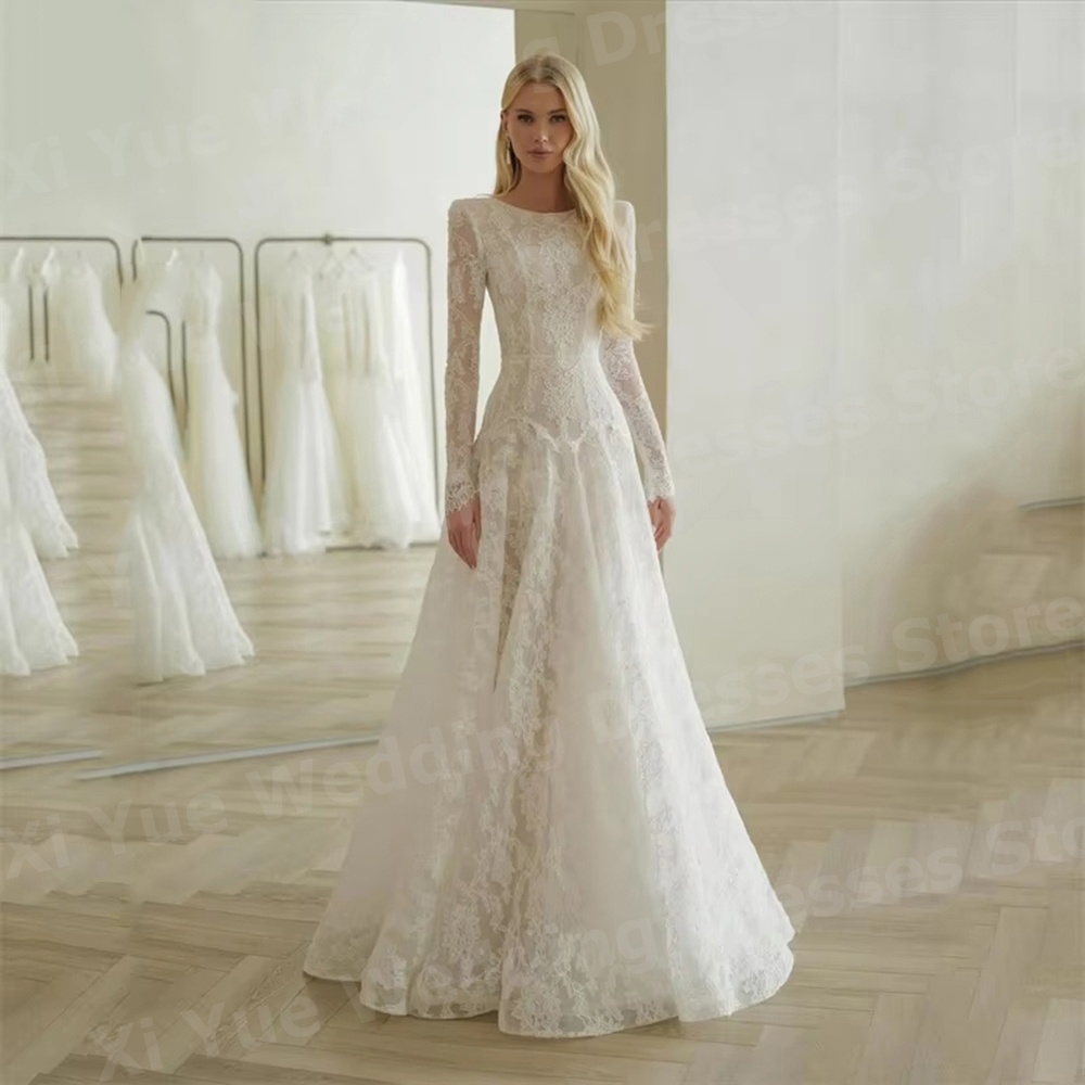 Wunderschöne A-Linie Damen Elegante Langarm Spitze Brautkleider Vestido De Novia O Neck Braut Kleider Maßgeschneiderte Robe De Mariée