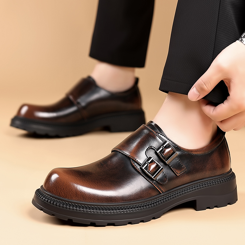 Fashionable Retro Autumn Men Polished Big Toe Leather Shoes Brand Buckle Comfortable Thick Soled Casual Shoes Men's Trendy Shoes