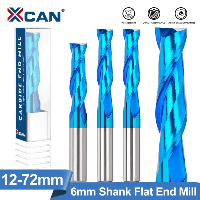 Xcan fresa de topo plano 6mm haste nano azul revestido 2 flauta espiral fresa carboneto roteador bit cnc fresa final