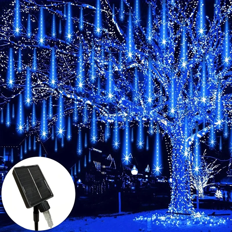 Luces solares de lluvia de meteoritos 30 cm 192 LED, cadena de hadas de gotas de lluvia que caen impermeable de 8 tubos para decoración navideña de bodas en el jardín