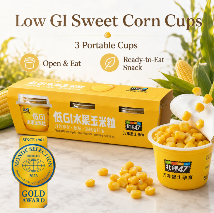Open deksel en eet direct! N47 Zwarte Bodem Lage GI Zoete Maïs Kernels in Bekertjes, 3 Draagbare Bekertjes, Volkoren Fruitmaïs, Laag in calorieën, Hoog in vezels, Geen extra koken nodig, Handig voor Kantoor, Ontbijt, Reizen, Snack, Gezonde Dagelijkse Maal