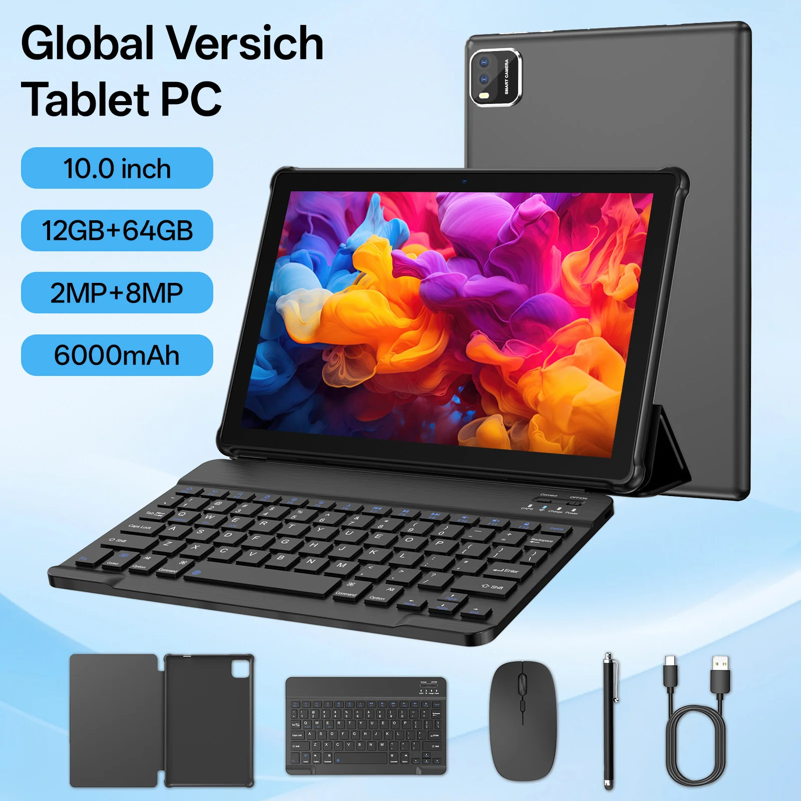 Tablet PC 10 cali, system Android 15, procesor czterordzeniowy, 12 (3+9) GB + 64 GB pamięci, możliwość rozszerzenia do 1 TB, obsługa WiFi 6.