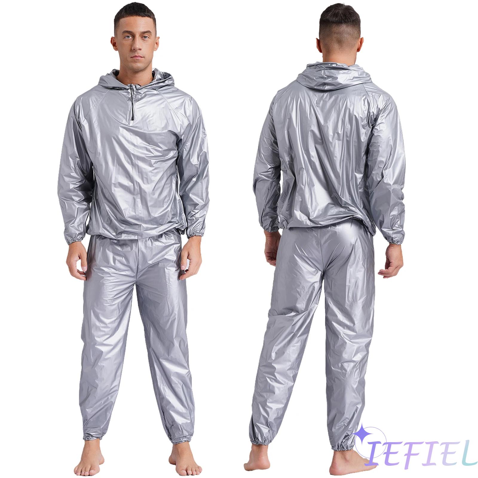 Jersey para hombre estilo PVC traje de sudoración para boxeo gimnasio entrenamiento Fitness Sauna traje de sudor chaqueta con capucha prendas de vestir exteriores y pantalones largos