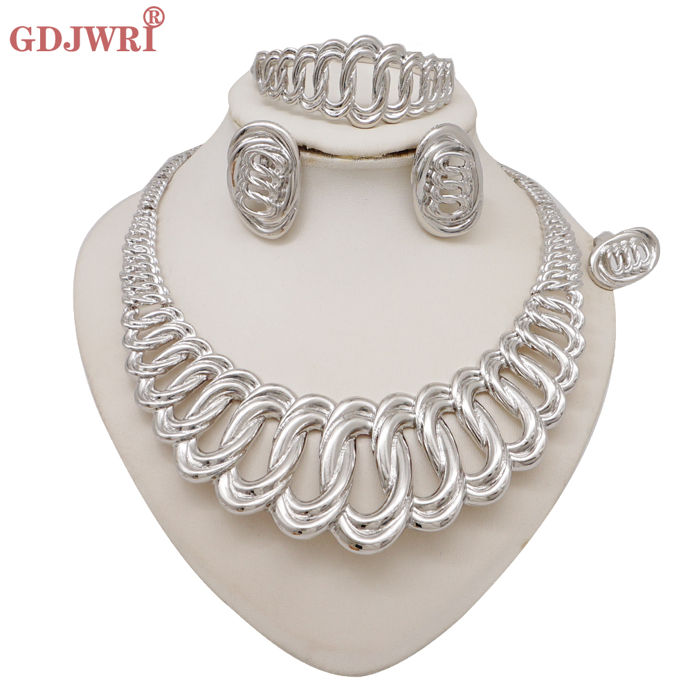 Set Perhiasan Warna Perak Dubai yang Sedang Tren untuk Wanita, Kalung Besar, Set Perhiasan Afrika untuk Wanita, Aksesoris Pernikahan Pengantin Italia