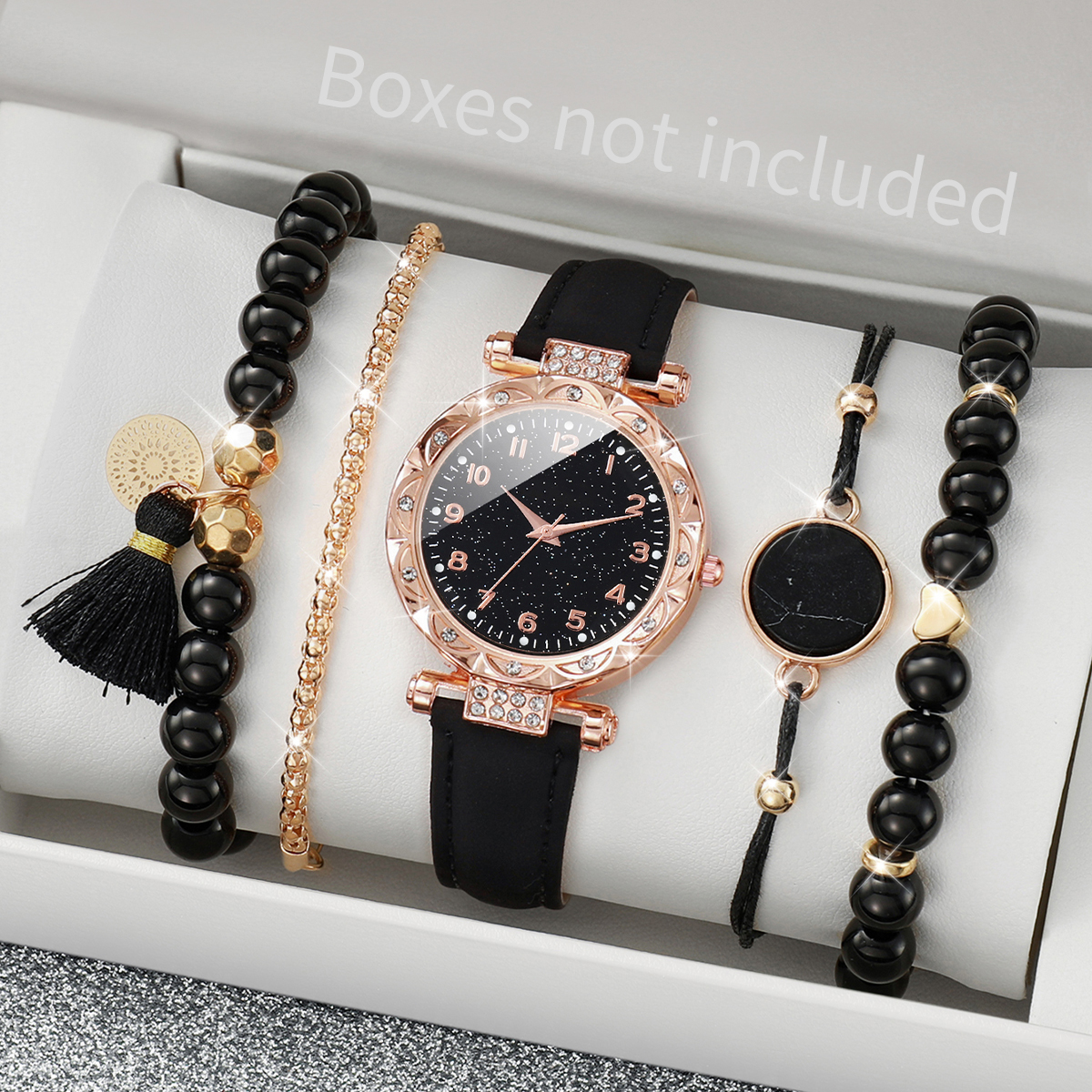 5 pçs/set relógio feminino moda strass pulseira de couro relógio de quartzo contas pulseiras conjunto (sem caixa)
