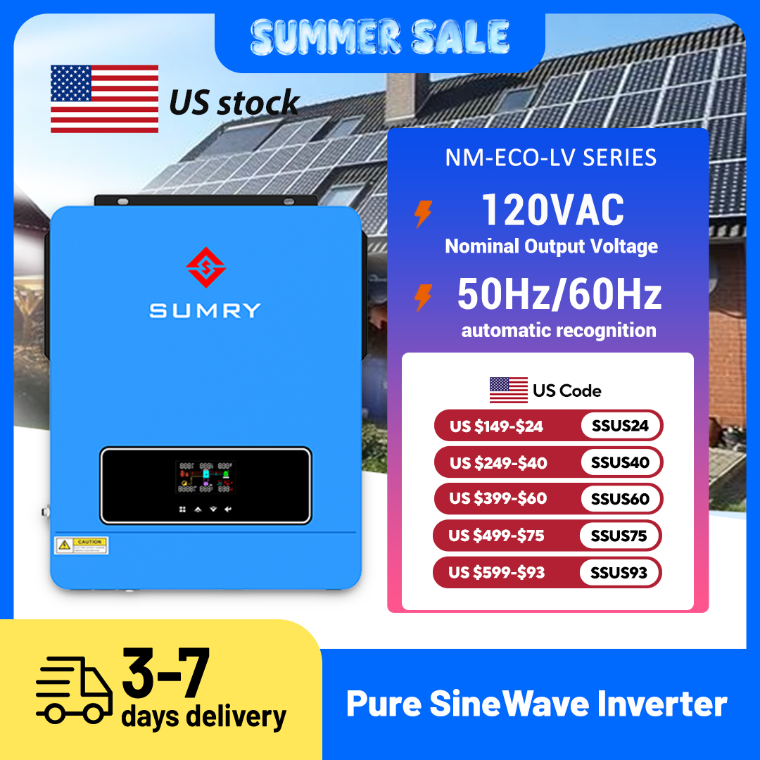 Sumry Inverter surya Grid on/off, Inverter gelombang sinus murni hibrida 3600w untuk rumah 120v 120A MPPT pengisian daya surya Output ganda 50/60hz