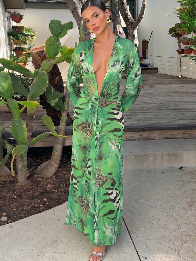 Sisterlinda-Vestido largo sin espalda para mujer, tendencia de otoño, cuello en V profundo, estampado de rayas de tigre, manga linterna, Vestidos elegantes para fiesta en la playa