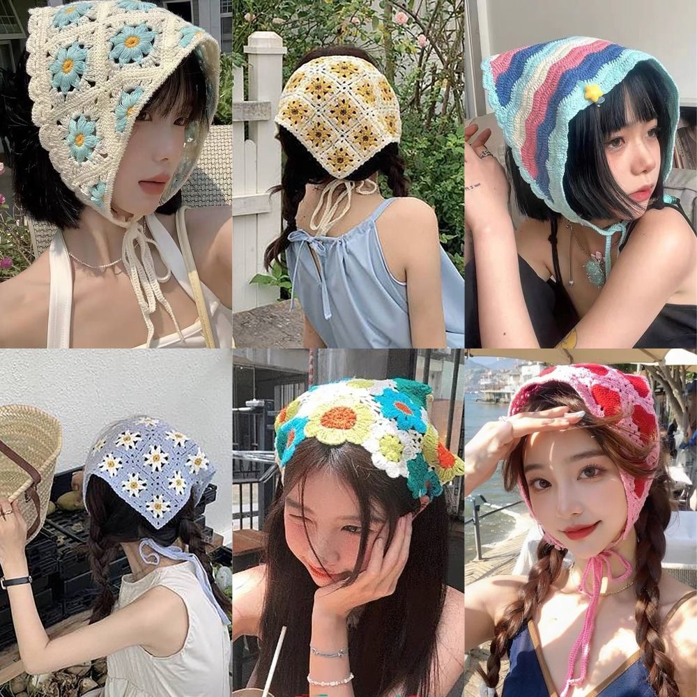 Bando Segitiga gaya Pastoral Perancis manis topi jilbab bunga kecil rajutan tangan Bando rajut handuk musim semi musim panas