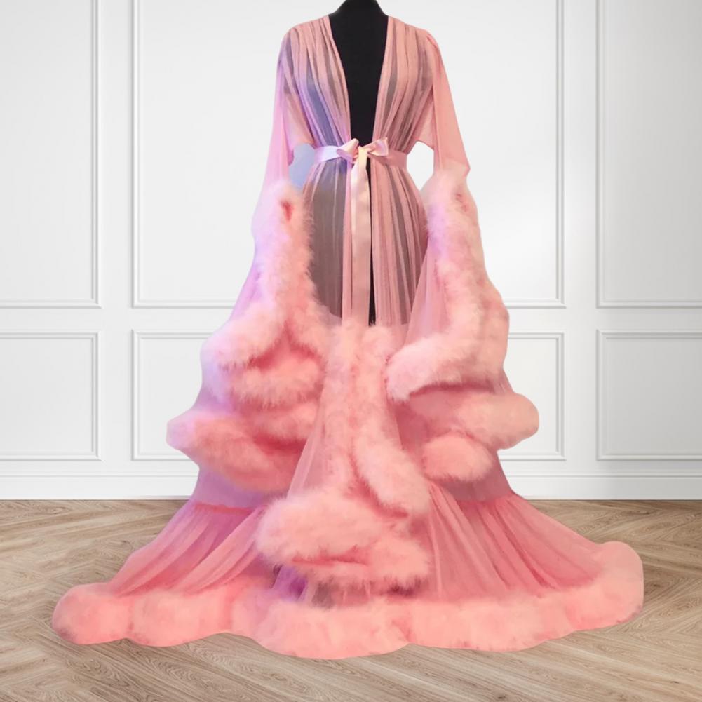 Robe de soirée Cocktail à manches moelleuses pour femmes, robe de bain, peignoir translucide, en maille, transparente, chemise de nuit de nuit de mariage