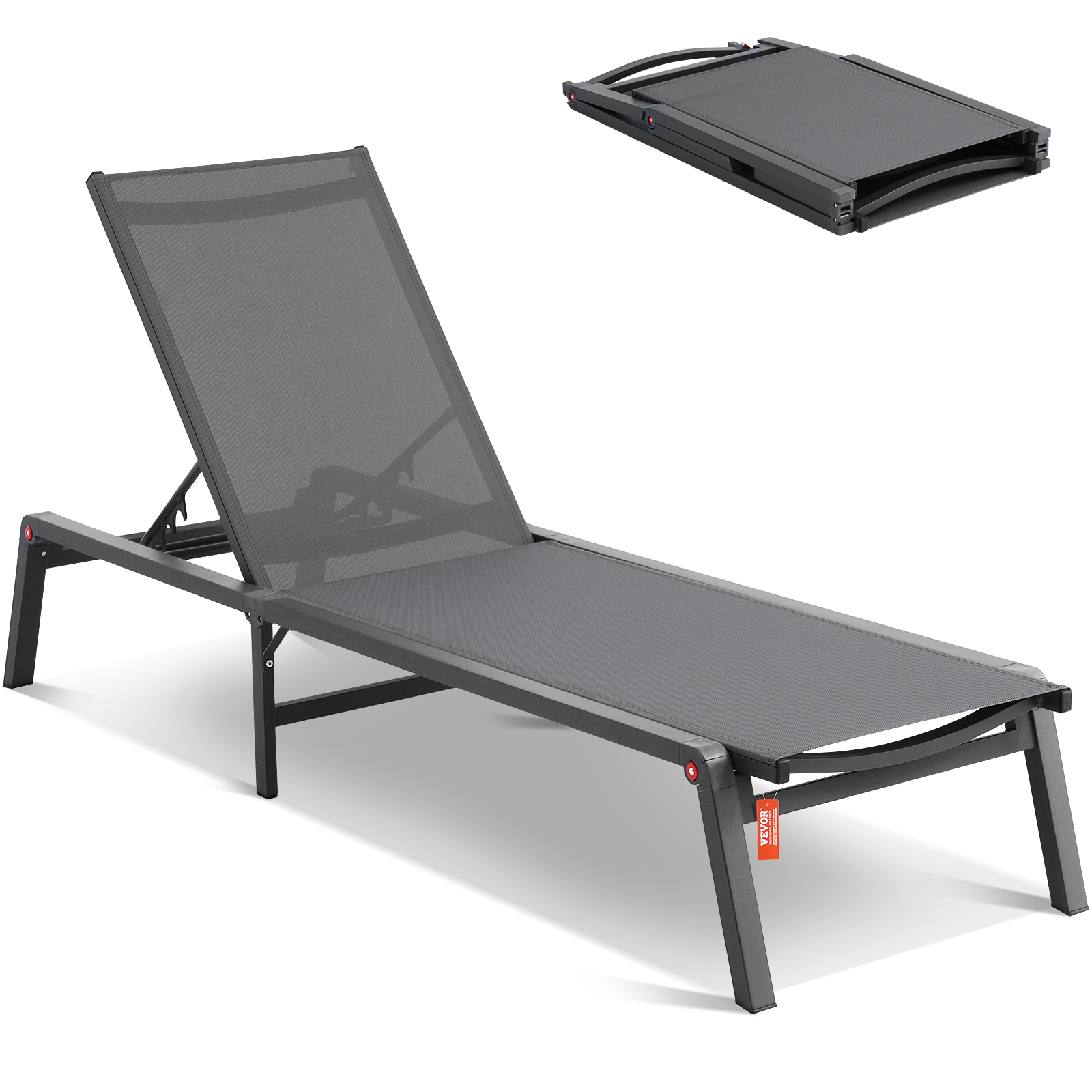 SucceBuy Kursi Santai Luar Ruangan Aluminium Teras Lipat Kolam Renang Kursi Santai Datar Penuh untuk Teras Kolam Pantai Abu-abu Tua