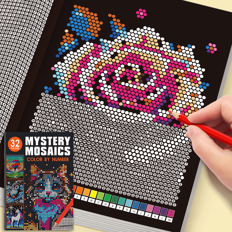 数字で描く神秘的なモザイク塗り絵ブック - 大人向けのピクセルアート塗り絵32ページ、かわいい動物や風景のストレス解消アクティビティ、創造的な愛好家への完璧なアートギフト