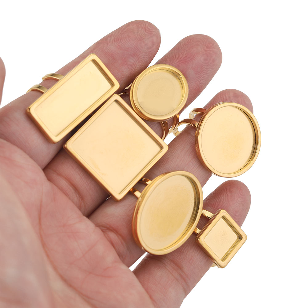 4 pçs/lote ouro aço inoxidável aberto anel configurações plana base em branco grande redondo oval resina cabochões bandeja anel moldura jóias fazendo
