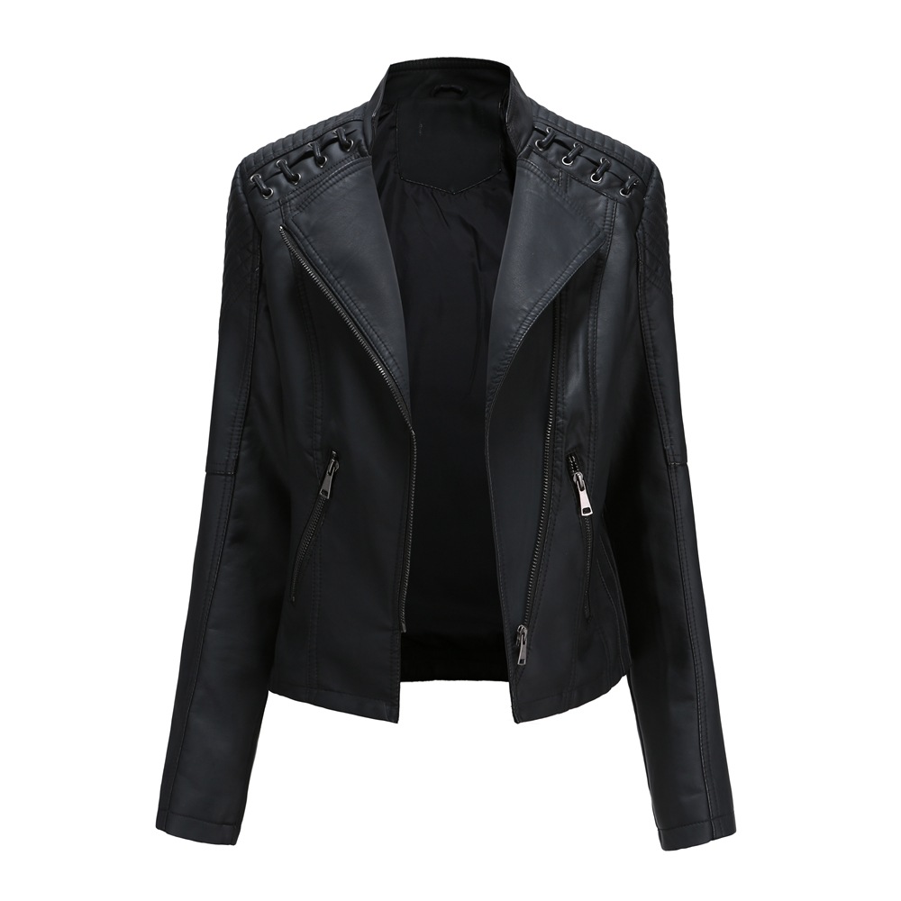 Jaqueta feminina de couro PU slim fit, casacos com zíper feminino, casaco de motociclista motorizado, gola alta, primavera, outono, novo, 2024